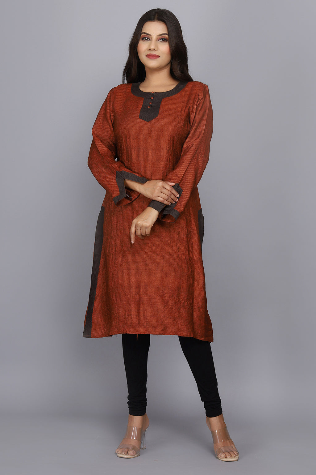 Brown Hand Woven Pure Raw Silk Kurta