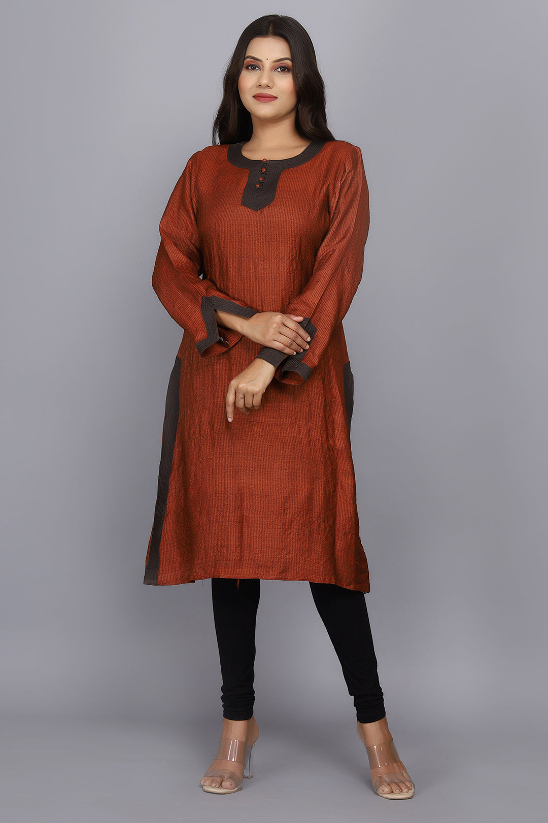 Brown Hand Woven Pure Raw Silk Kurta
