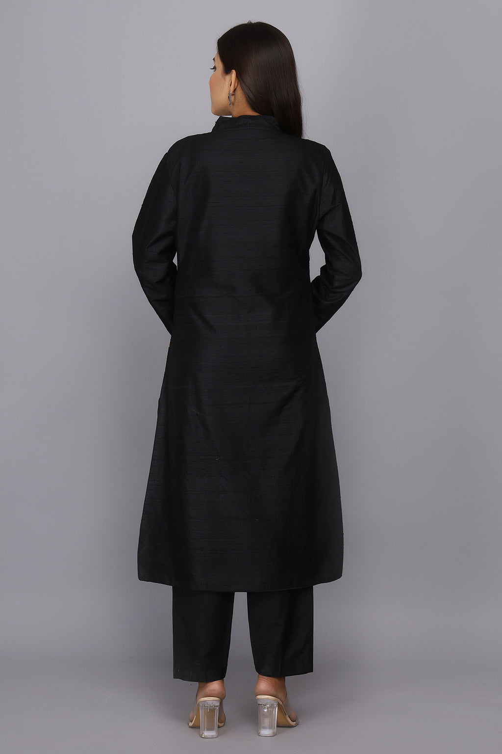 Black Hand Woven Pure Raw Silk Kurta Set with Zardosi Work