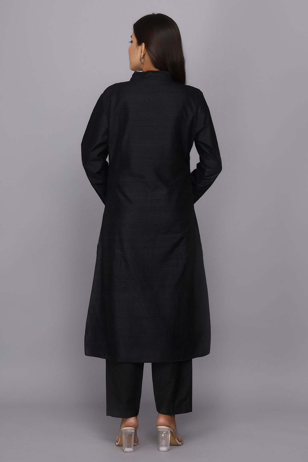 Black Hand Woven Pure Raw Silk Kurta Set with Zardosi Work