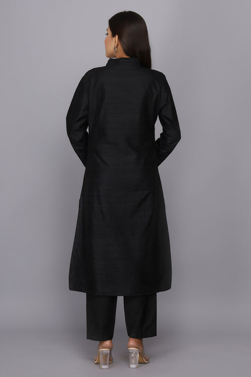 Black Hand Woven Pure Raw Silk Kurta Set with Zardosi Work