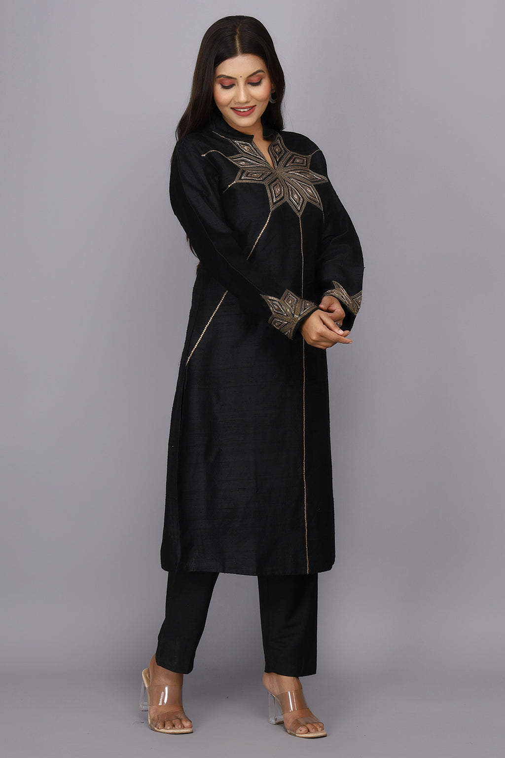 Black Hand Woven Pure Raw Silk Kurta Set with Zardosi Work