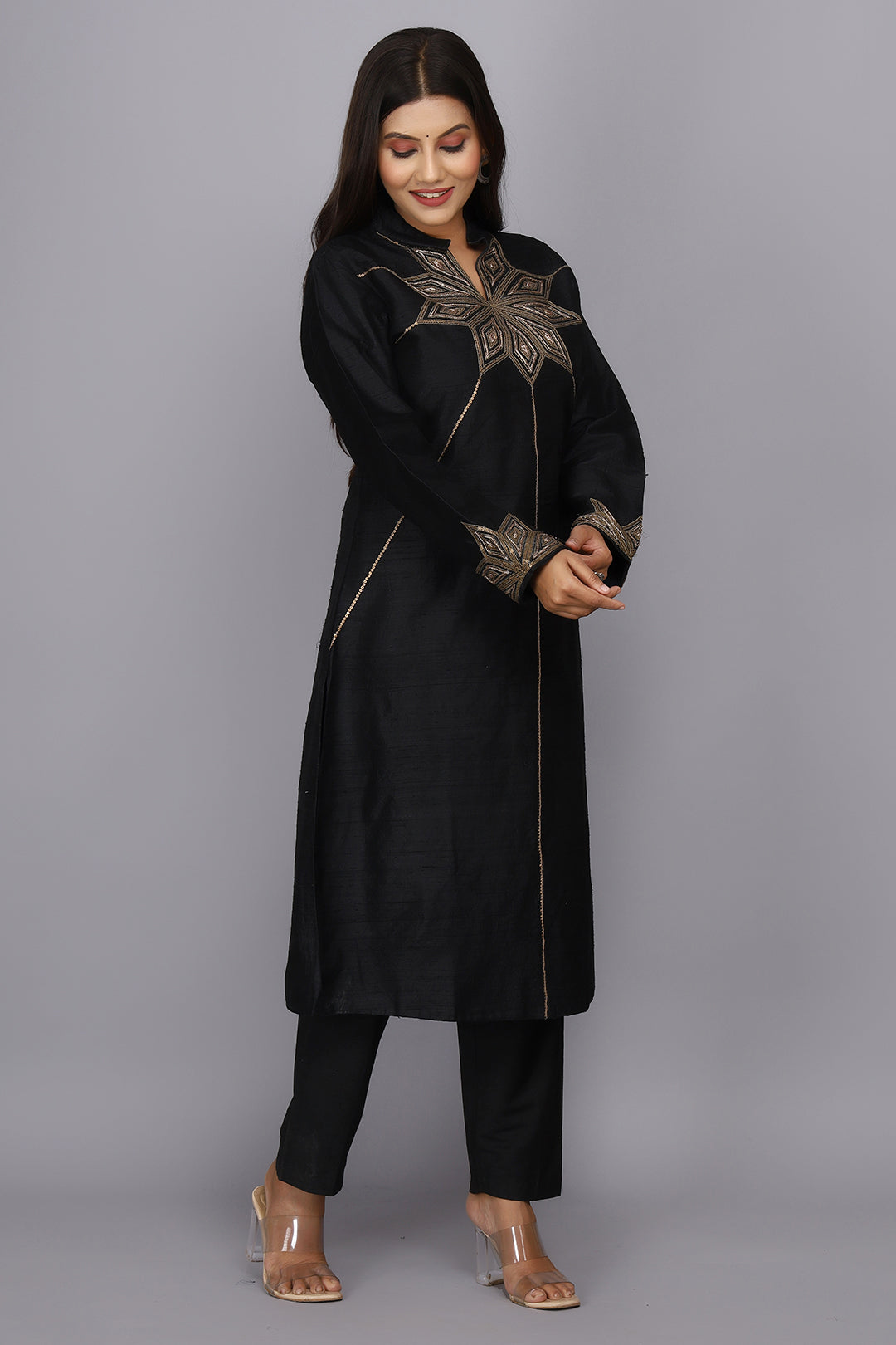 Black Hand Woven Pure Raw Silk Kurta Set with Zardosi Work