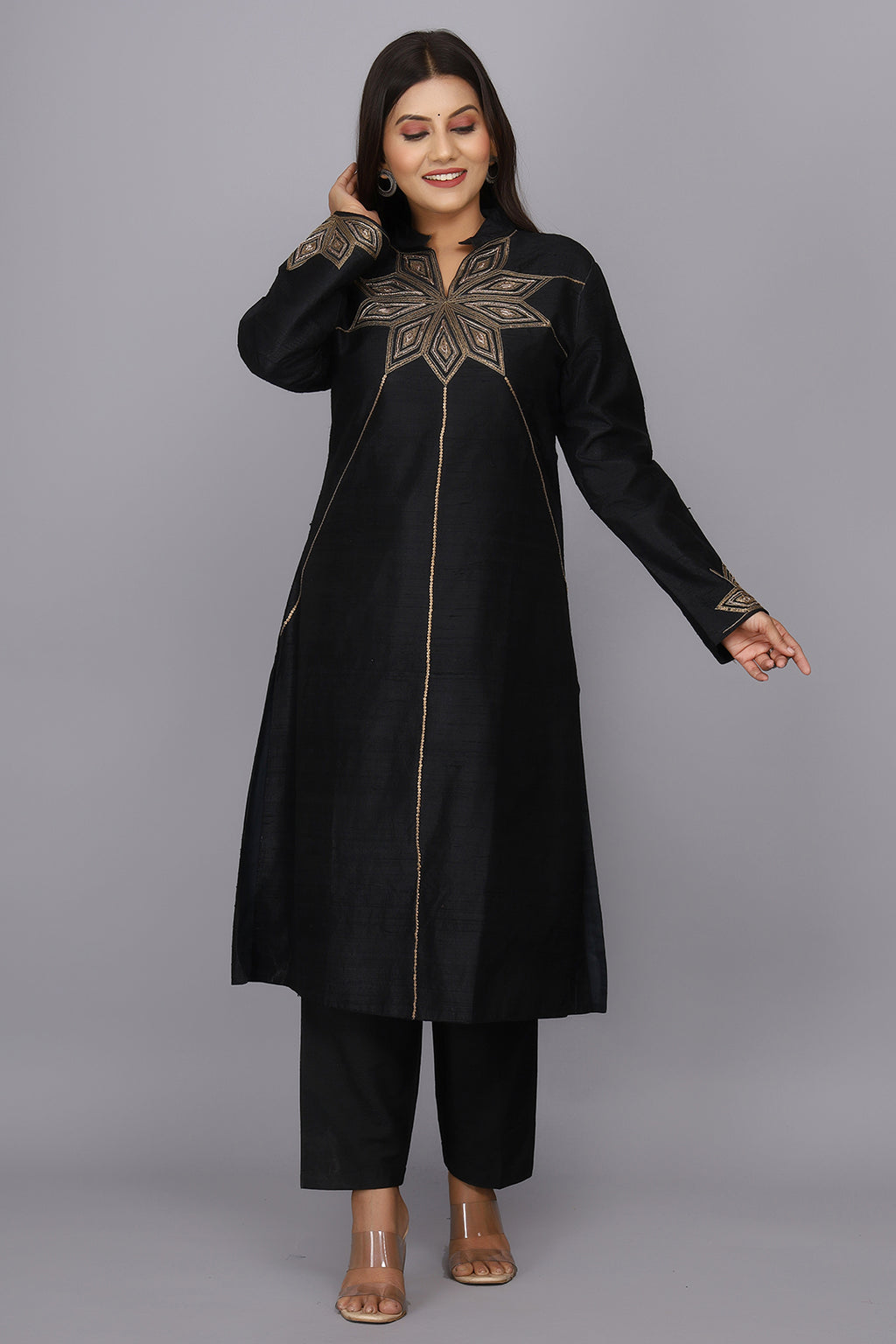 Black Hand Woven Pure Raw Silk Kurta Set with Zardosi Work