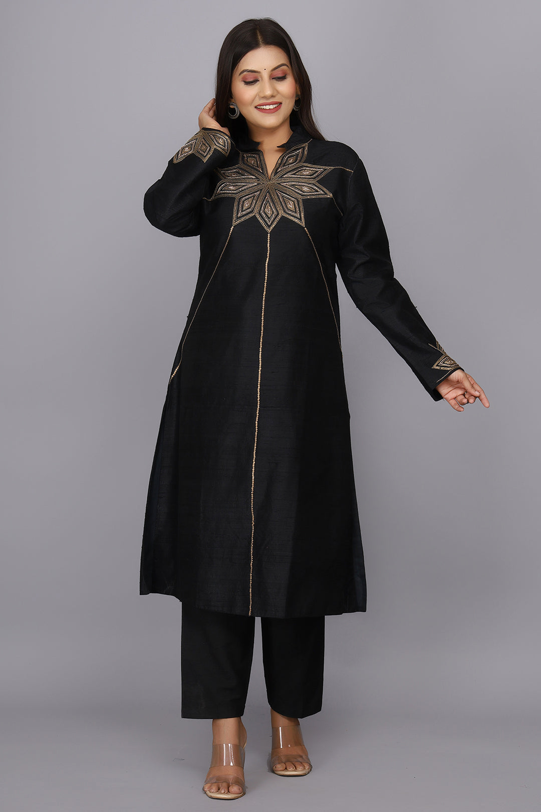 Black Hand Woven Pure Raw Silk Kurta Set with Zardosi Work