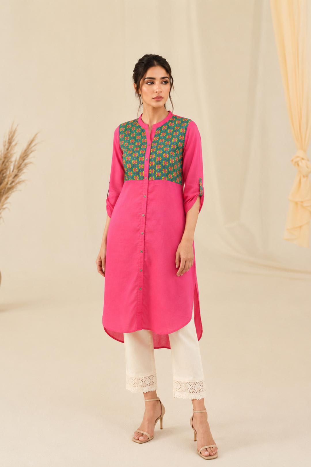 Pink Hand Embroidered Straight Cotton Kurta