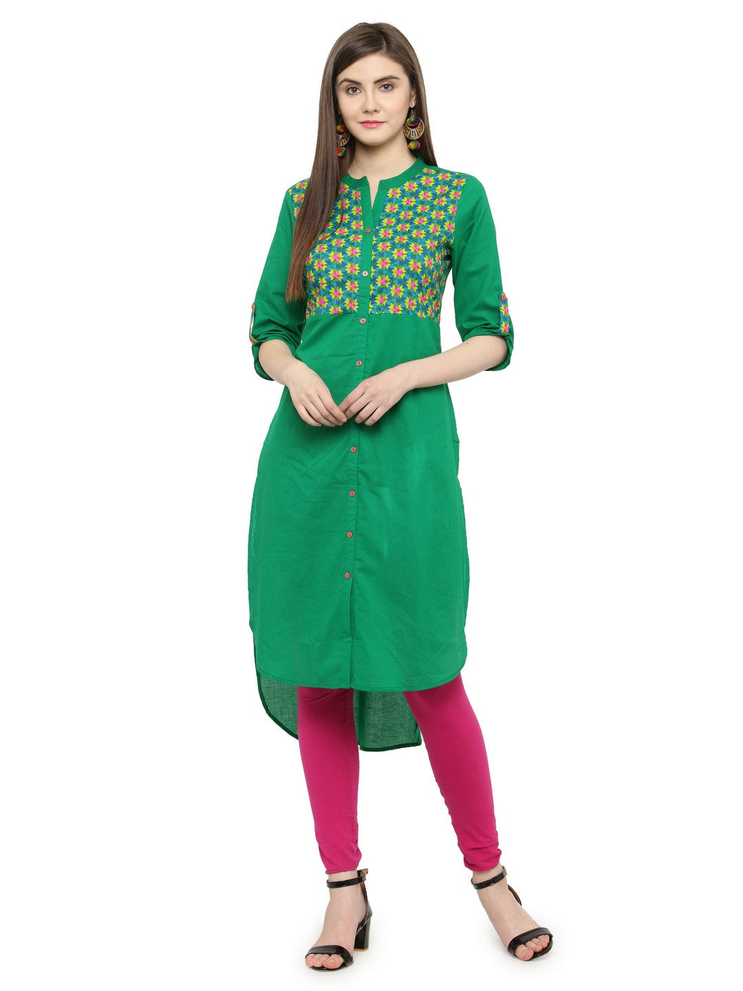 Green Hand Embroidered Straight Cotton Kurta