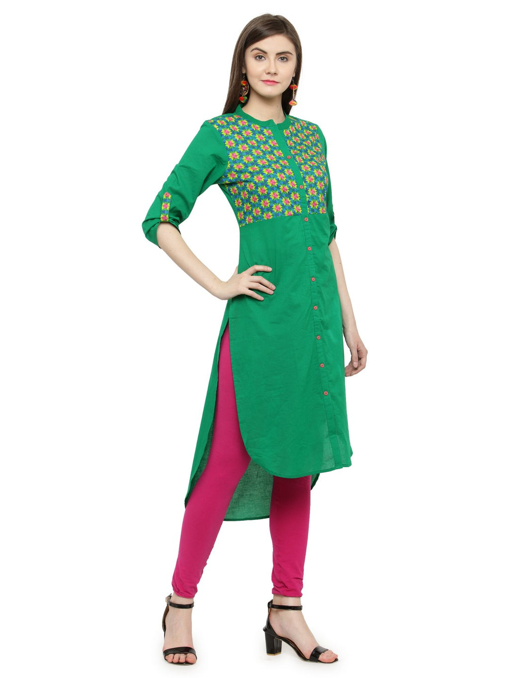 Green Hand Embroidered Straight Cotton Kurta