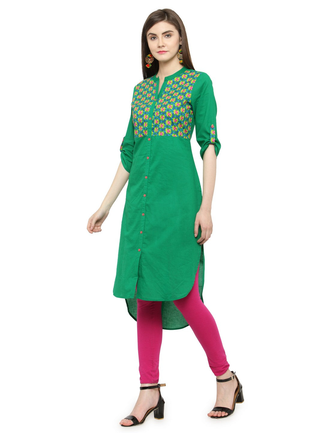 Green Hand Embroidered Straight Cotton Kurta