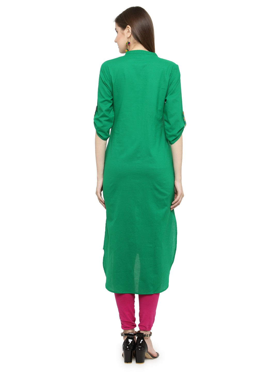 Green Hand Embroidered Straight Cotton Kurta