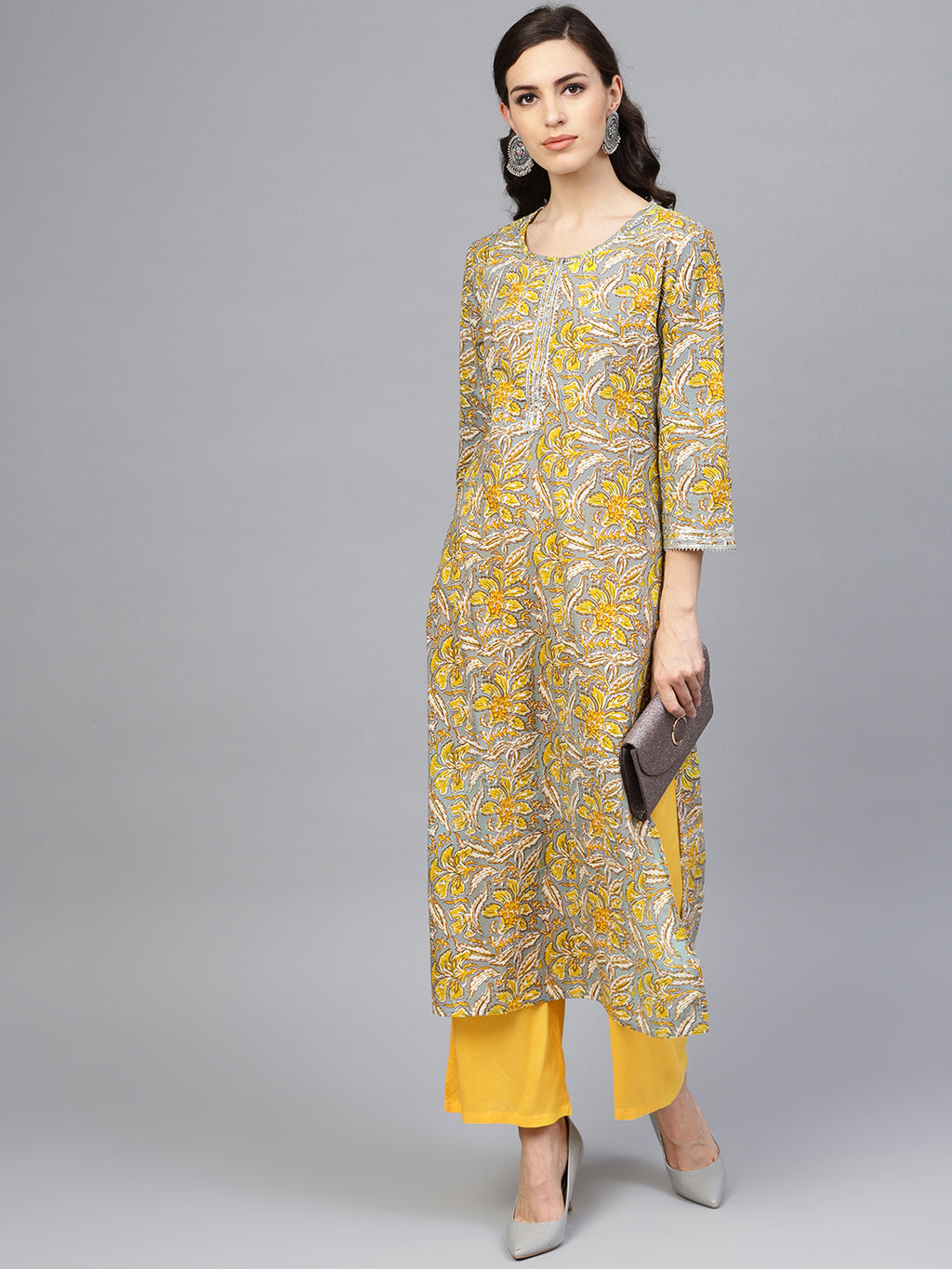 Grey Hand Block Printed Cotton Kurta