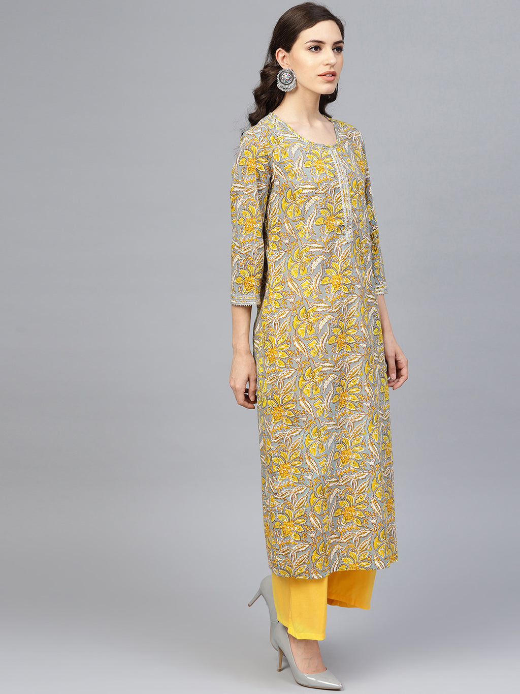 Grey Hand Block Printed Cotton Kurta