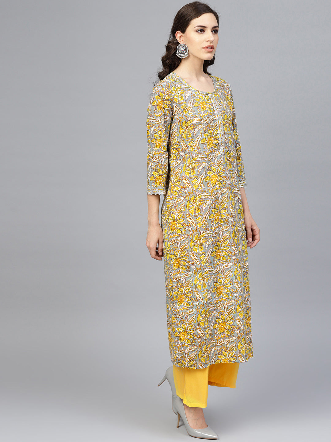 Grey Hand Block Printed Cotton Kurta