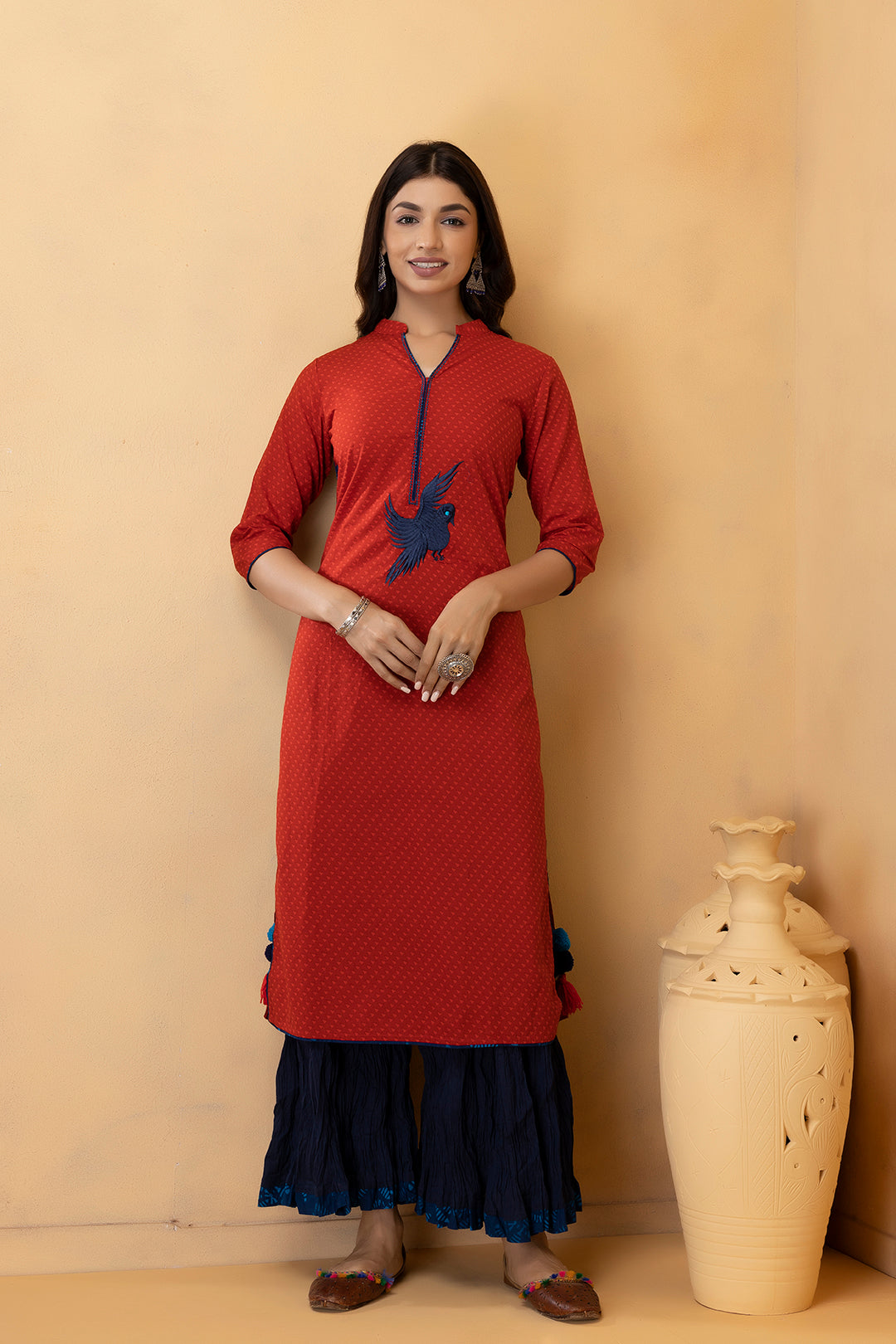 Red Hand Embroidered Cotton Kurta