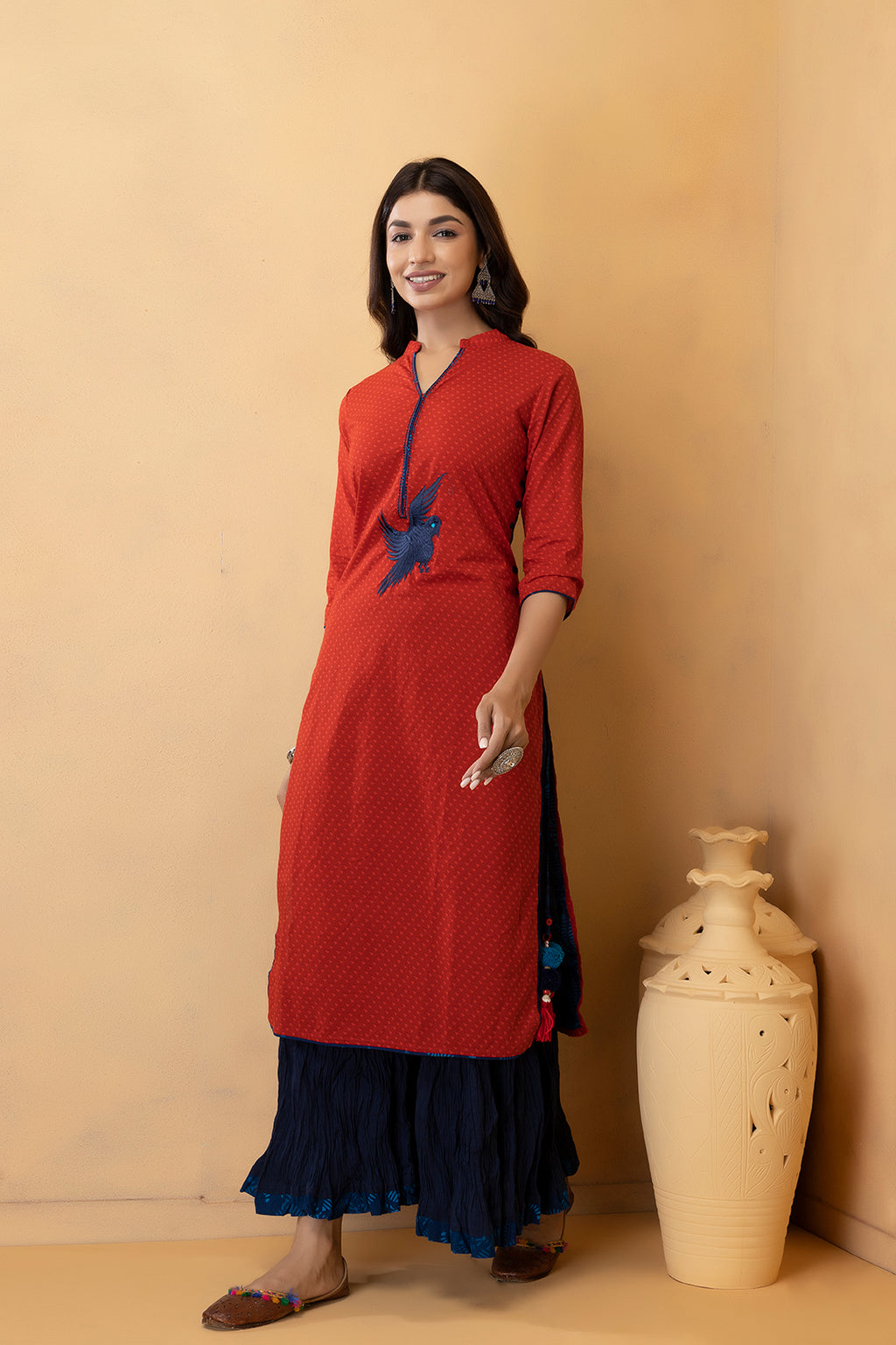 Red Hand Embroidered Cotton Kurta