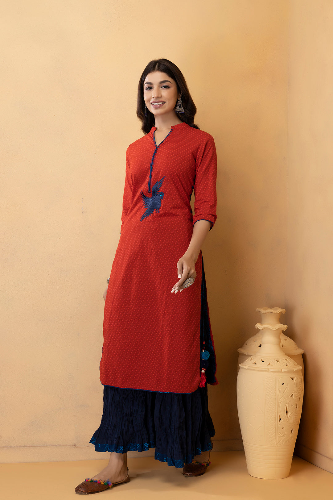 Red Hand Embroidered Cotton Kurta