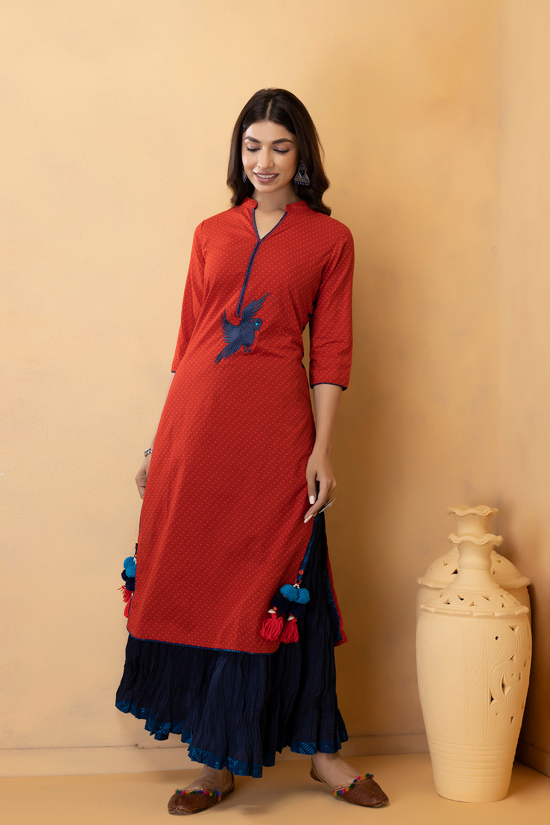 Red Hand Embroidered Cotton Kurta