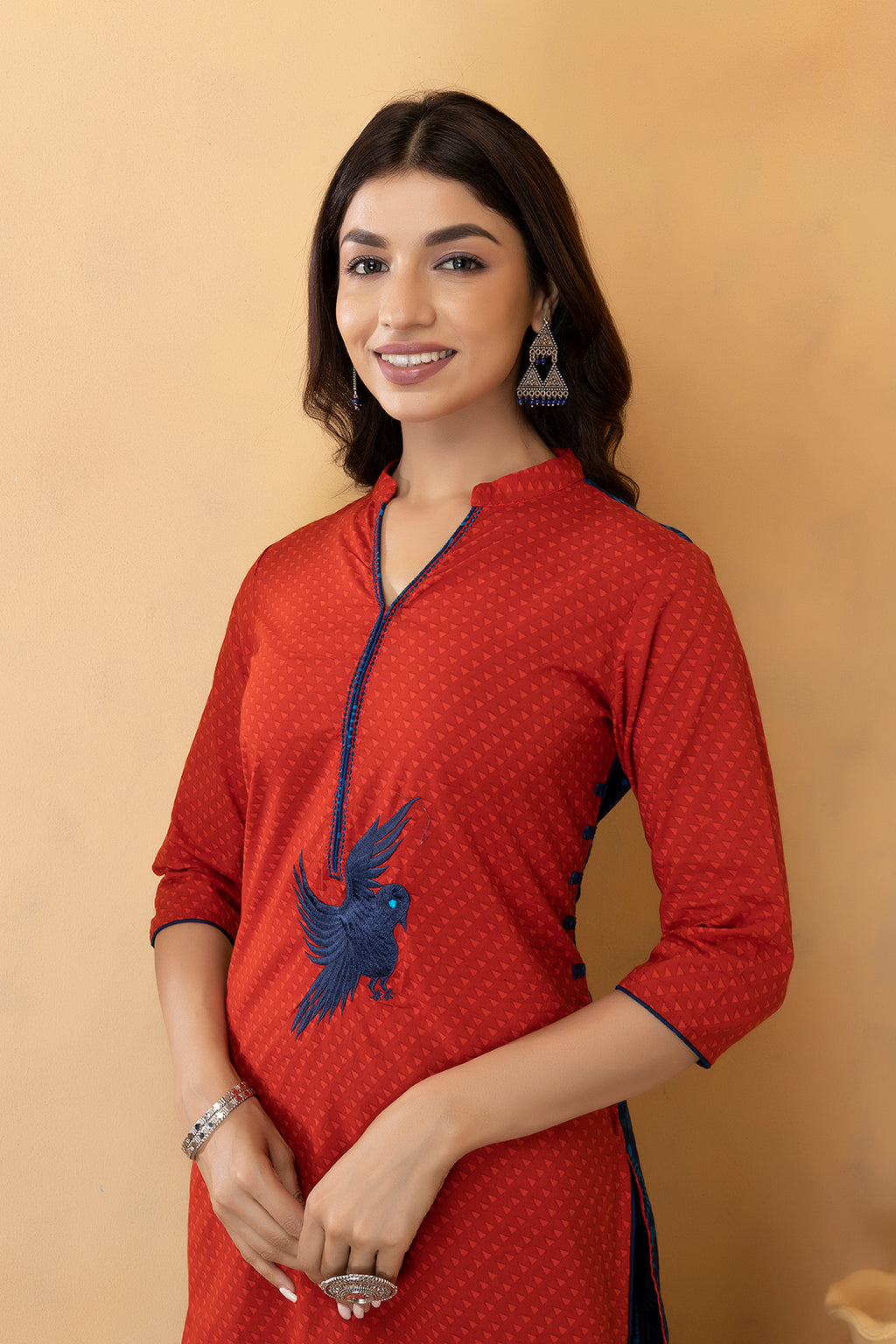 Red Hand Embroidered Cotton Kurta