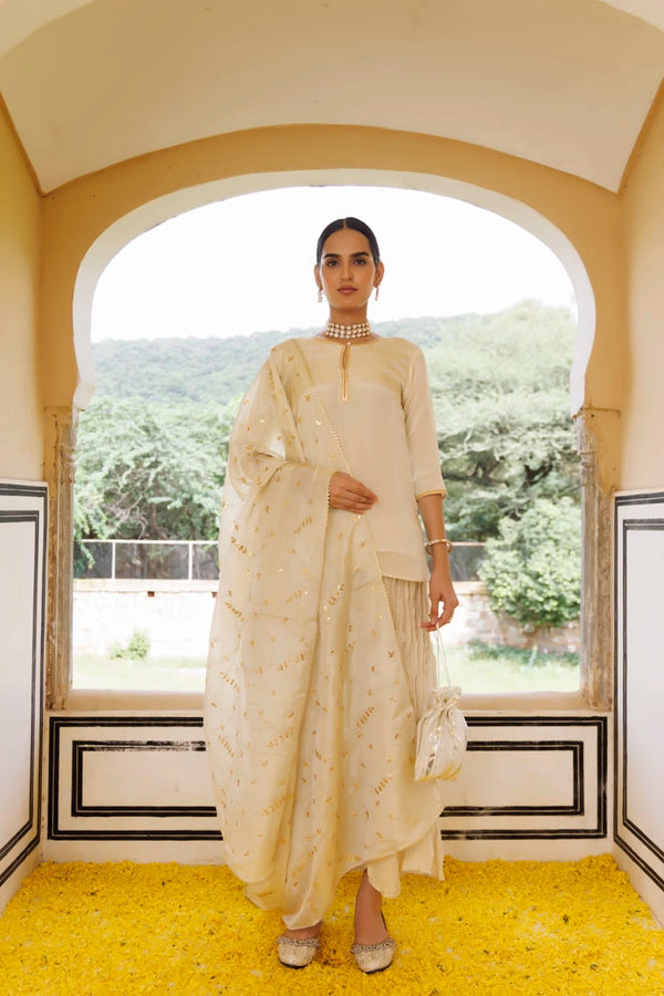 Golden Chanderi Mukaish Embroidered Garara Kurta Set with Gota Patti Dupatta