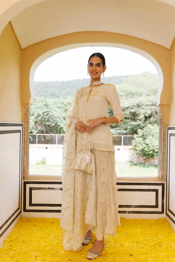 Golden Chanderi Mukaish Embroidered Garara Kurta Set With Gota Patti Dupatta