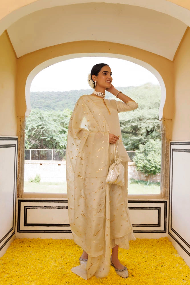 Golden Chanderi Mukaish Embroidered Garara Kurta Set With Gota Patti Dupatta