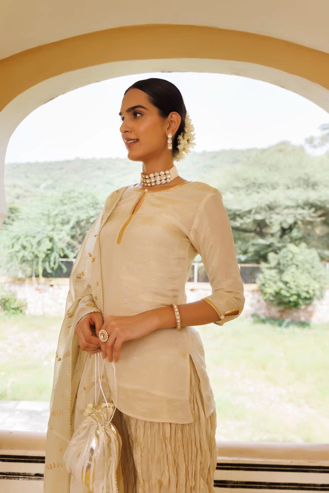 Golden Chanderi Mukaish Embroidered Garara Kurta Set With Gota Patti Dupatta