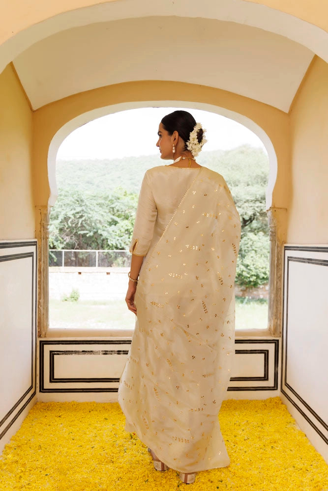Golden Chanderi Mukaish Embroidered Garara Kurta Set With Gota Patti Dupatta