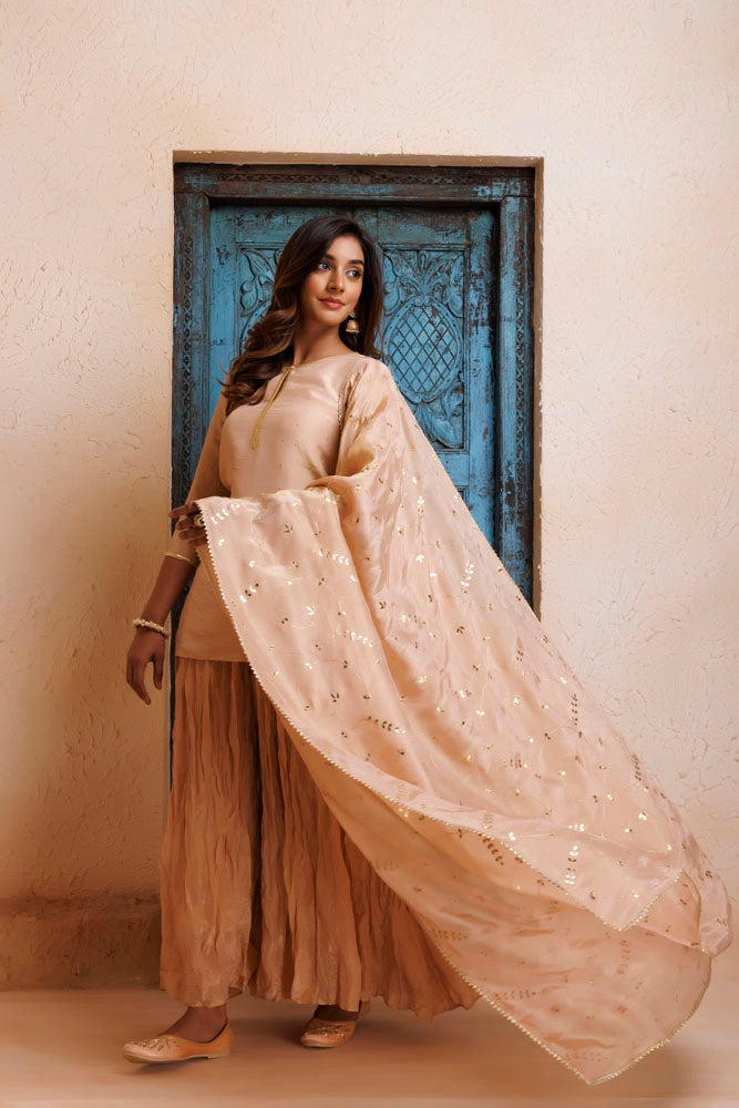 Onion Pink Chanderi Mukaish Embroidered Garara Kurta Set With Gota Patti Dupatta