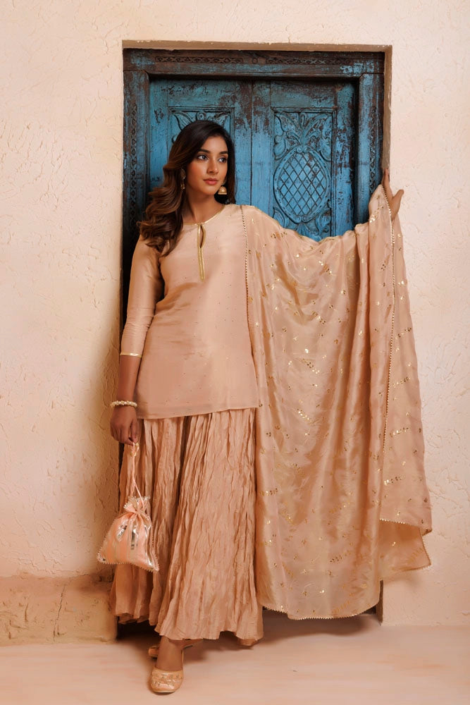 Onion Pink Chanderi Mukaish Embroidered Garara Kurta Set With Gota Patti Dupatta