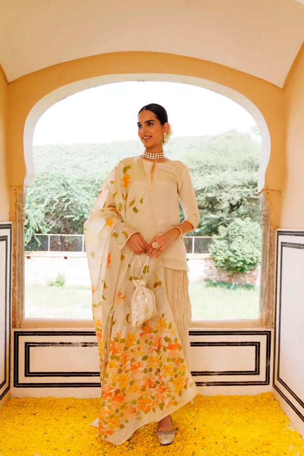 Golden Chanderi Mukaish Embroidered Garara Kurta Set with Organza Hand Painted Dupatta