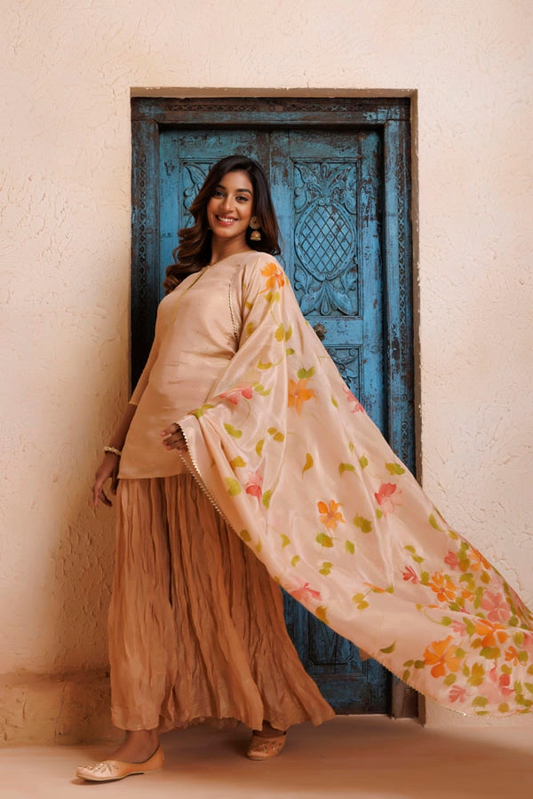 Onion Pink Chanderi Mukaish Embroidered Garara Kurta Set with Organza Hand Painted Dupatta