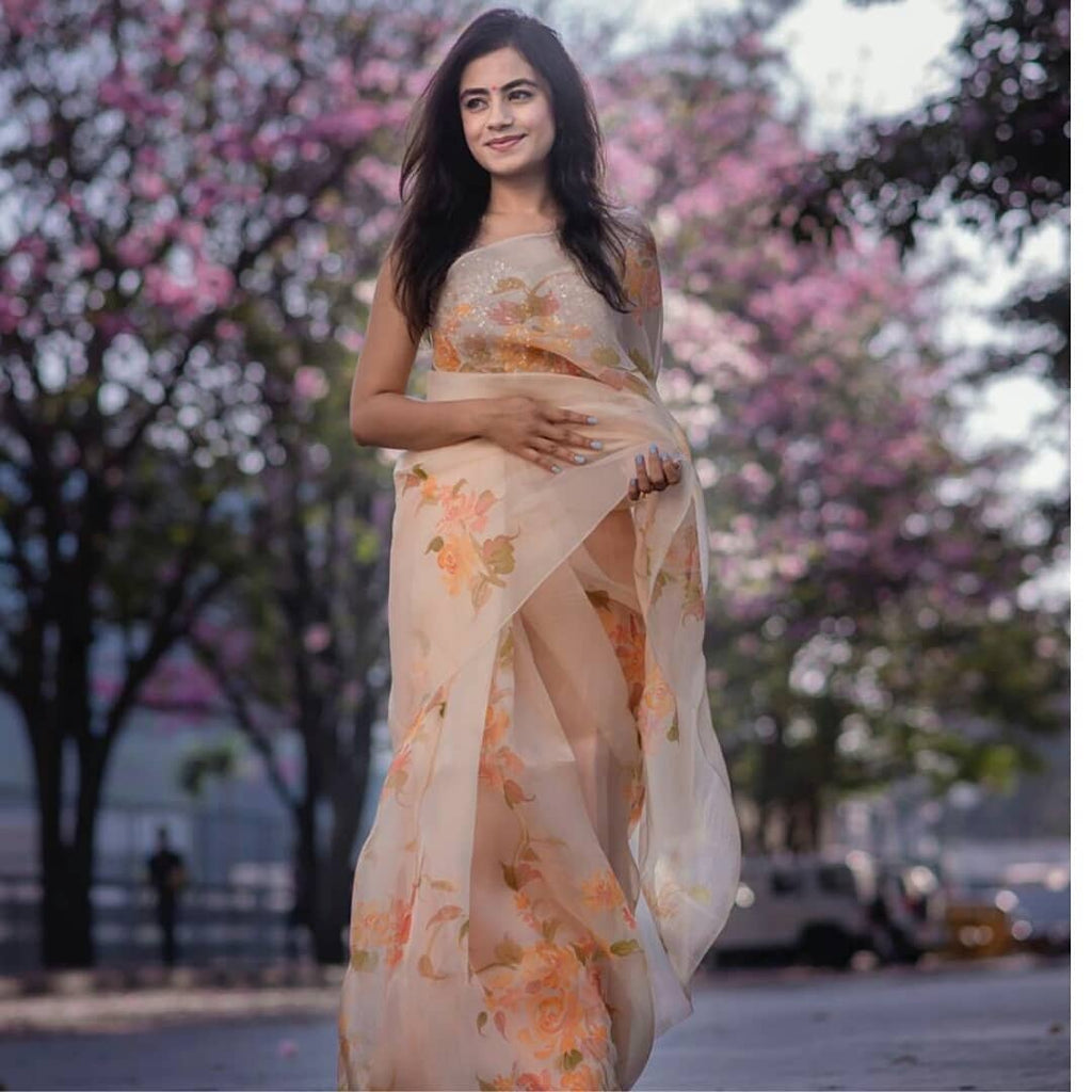 Beige Hand Painted Pure Organza Saree
