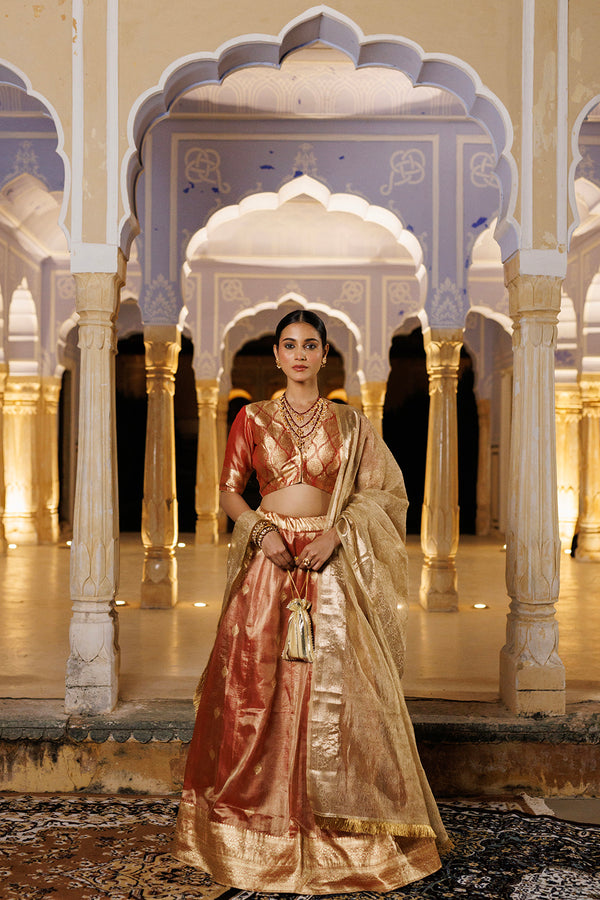 Red Tissue Lehenga with Crinkled Tissue Dupatta