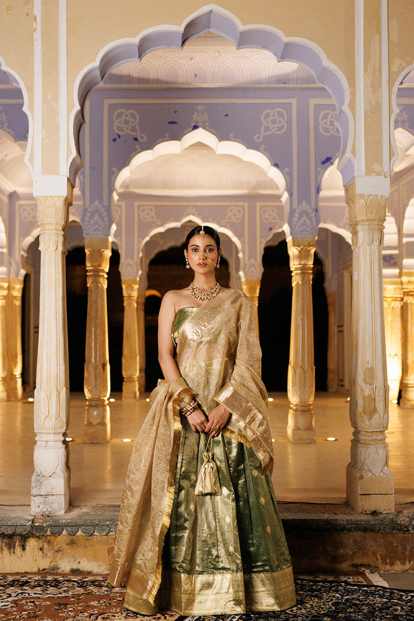 Green Tissue Lehenga with Crinkled Tissue Dupatta