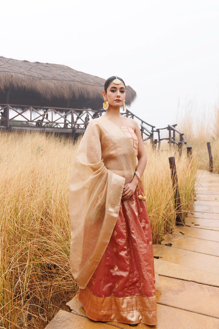 Serene Peach and Beige Tissue Lehenga