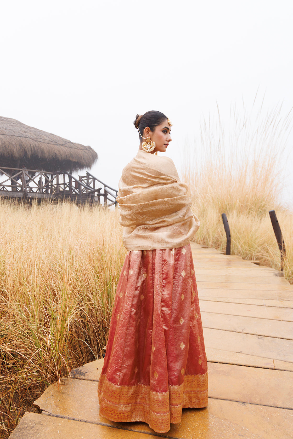 Serene Peach & Beige Tissue Lehenga Set