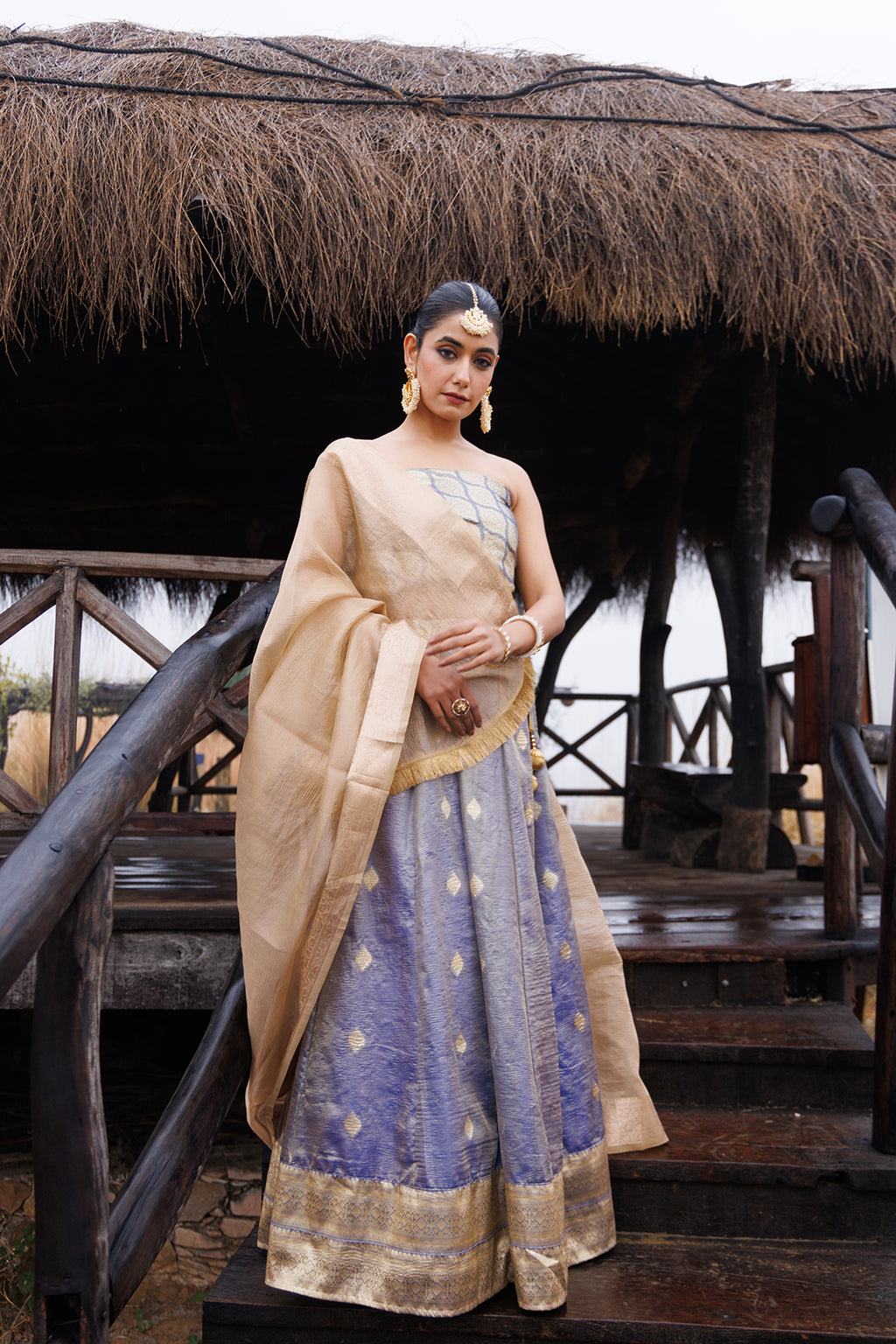 Serene Blue & Beige Tissue Lehenga Set