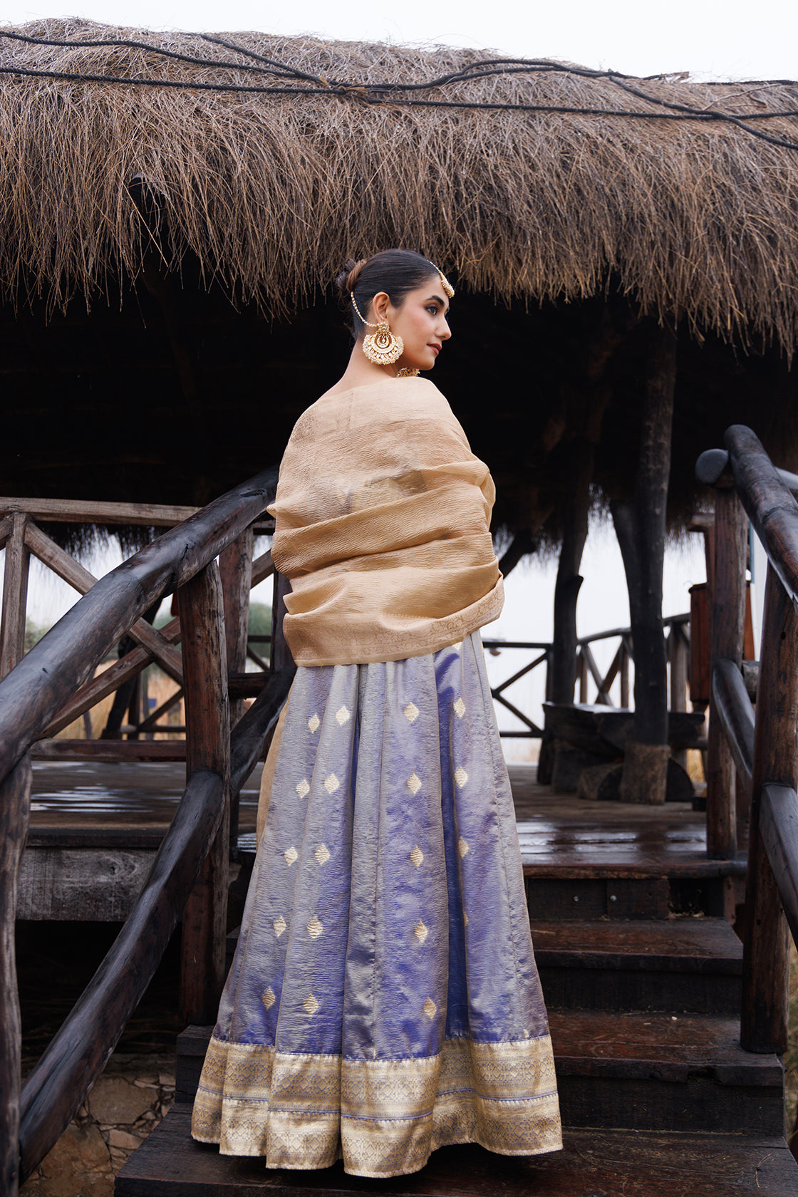 Serene Blue & Beige Tissue Lehenga Set