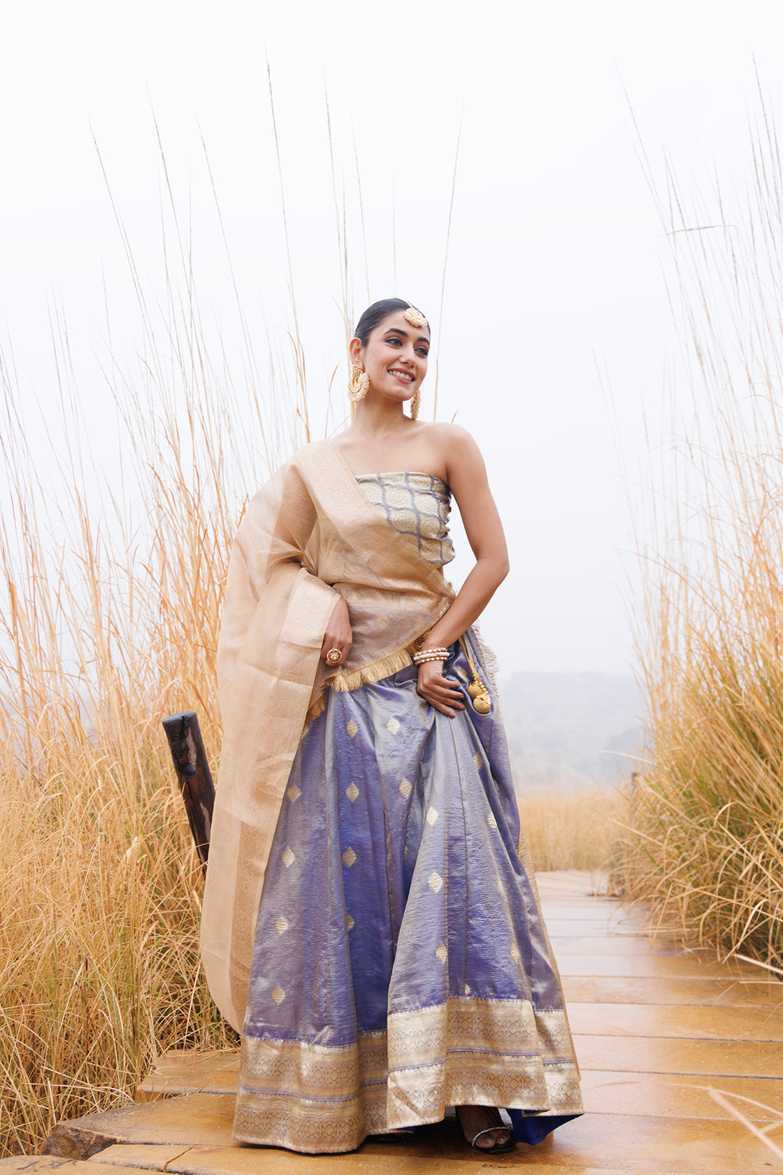 Serene Blue & Beige Tissue Lehenga Set