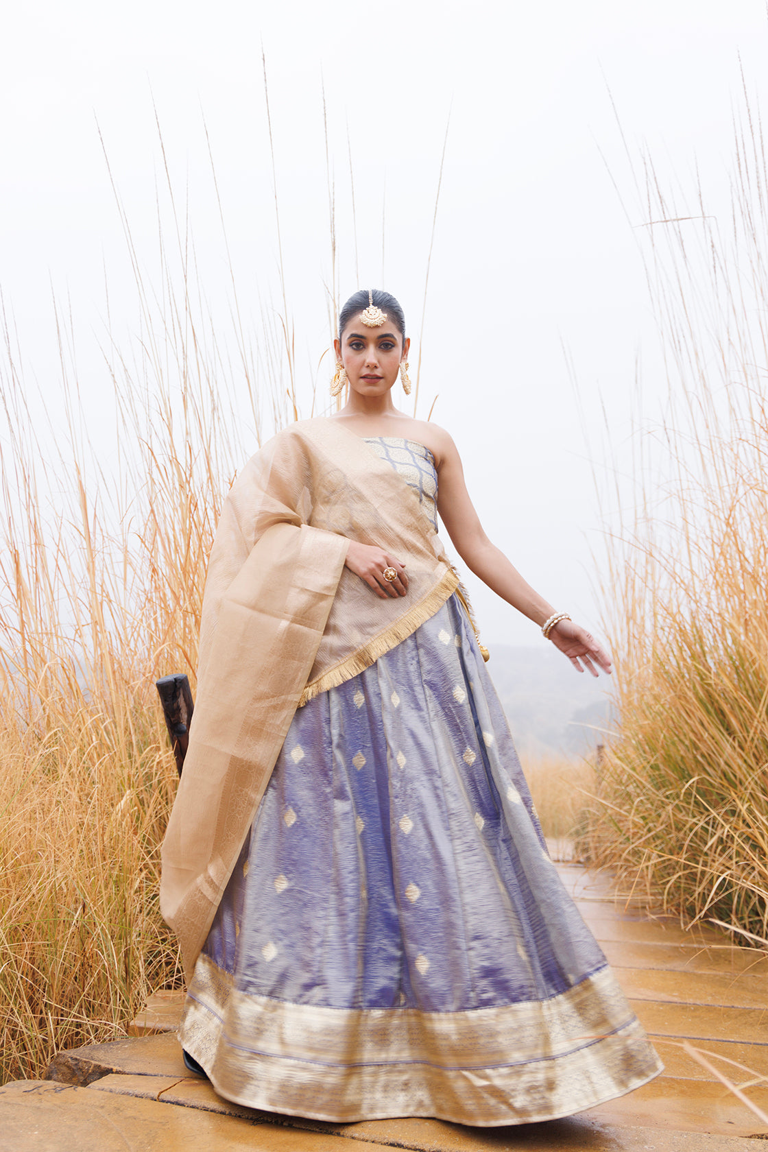 Serene Blue & Beige Tissue Lehenga Set