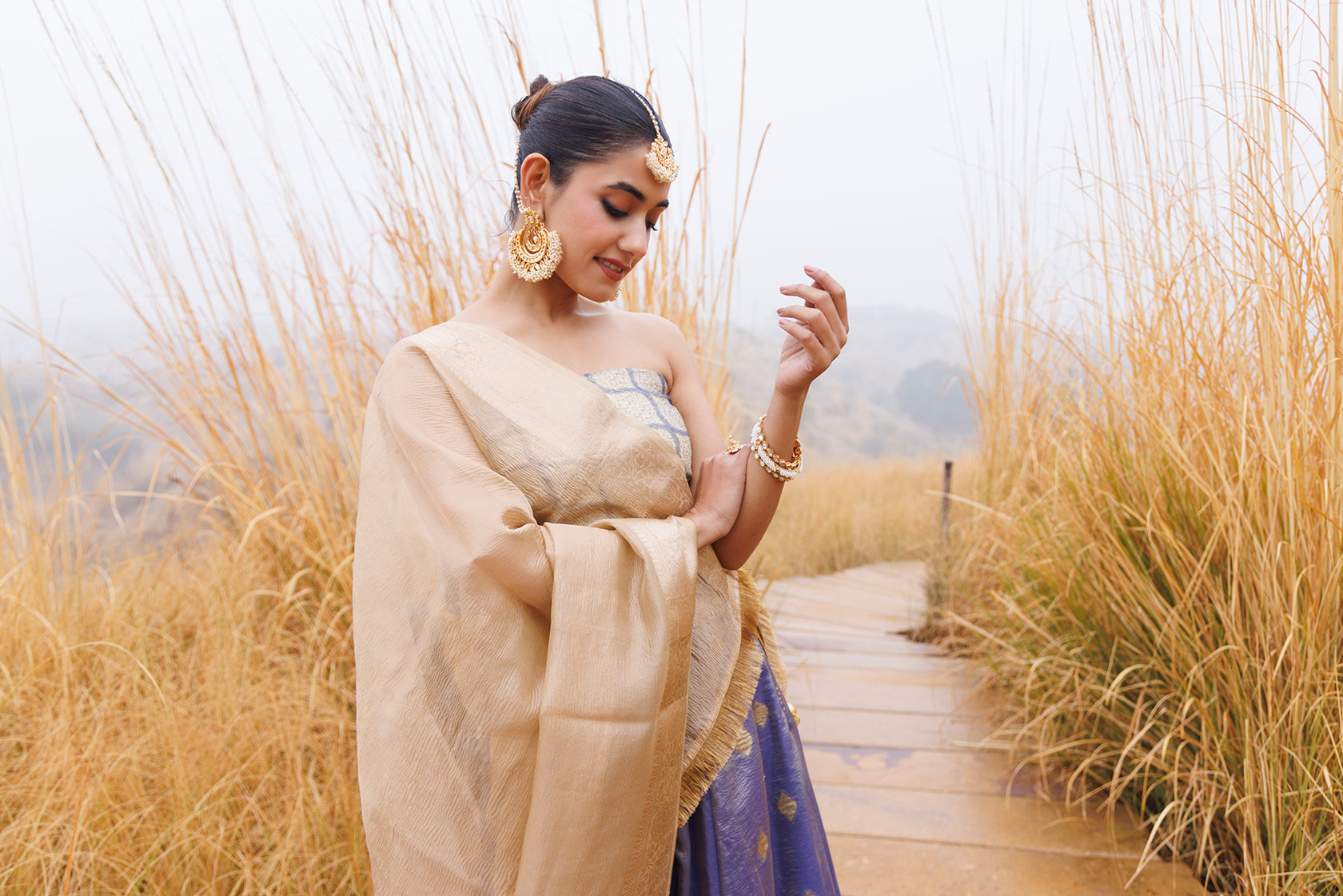 Serene Blue & Beige Tissue Lehenga Set