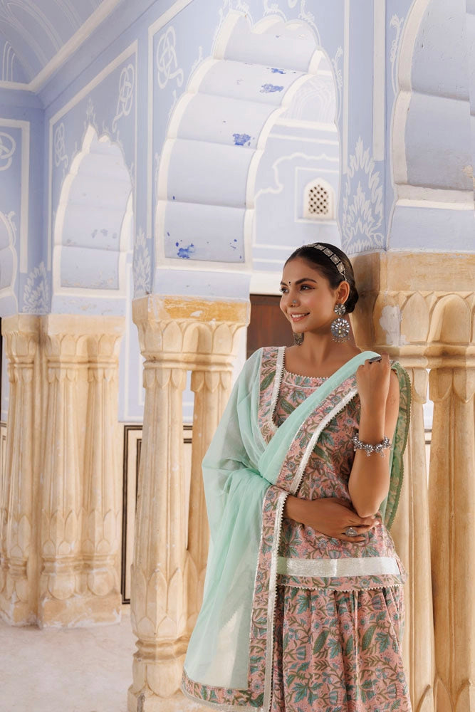 Peach-Green Handcrafted Block Printed Cotton Skirt Set
