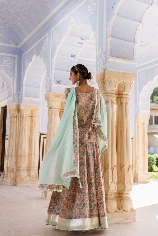 Peach-Green Handcrafted Block Printed Cotton Skirt Set