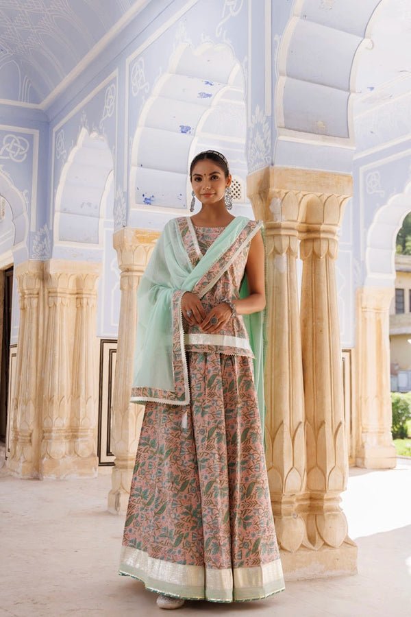 Handcrafted Peach-Green Block Printed Cotton Skirt Set