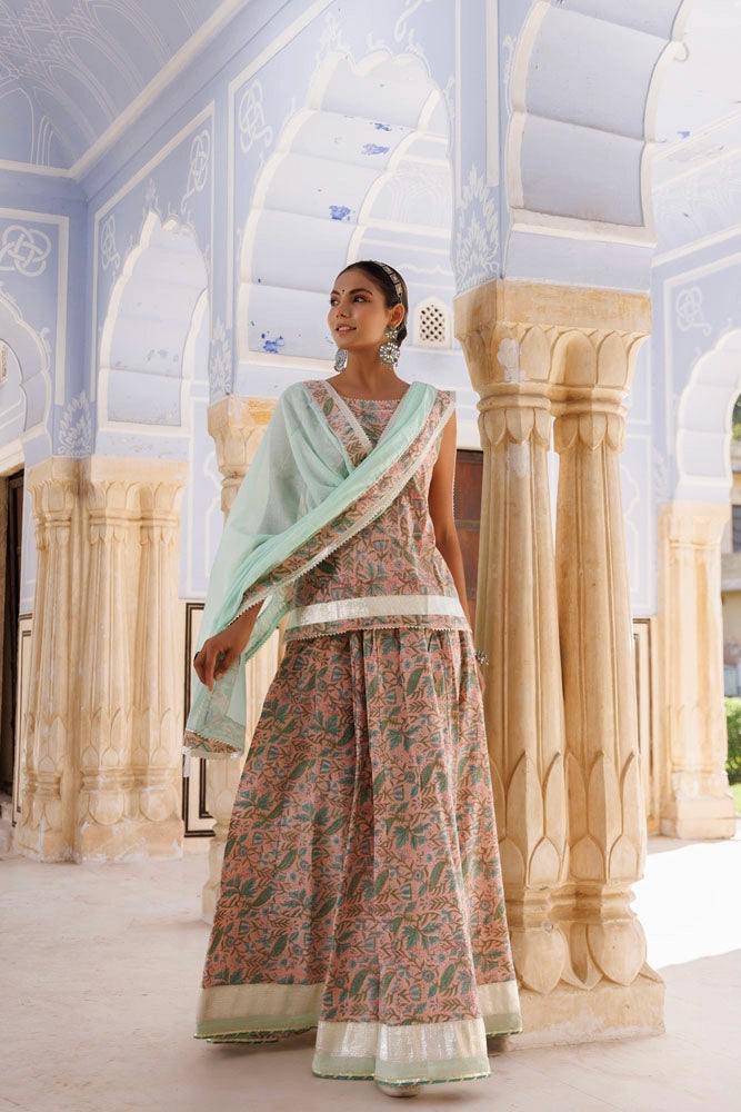 Peach-Green Handcrafted Block Printed Cotton Skirt Set