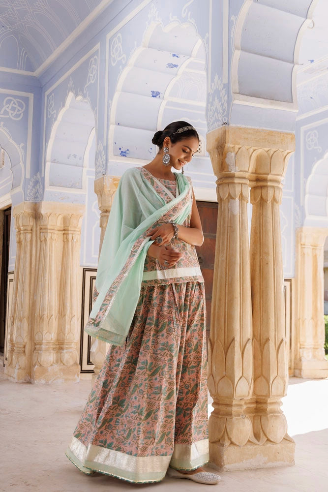 Peach-Green Handcrafted Block Printed Cotton Skirt Set