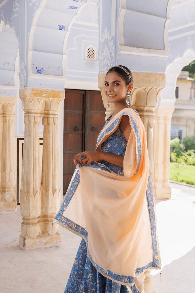 Light Blue-Peach Handcrafted Block Printed Cotton Skirt Set