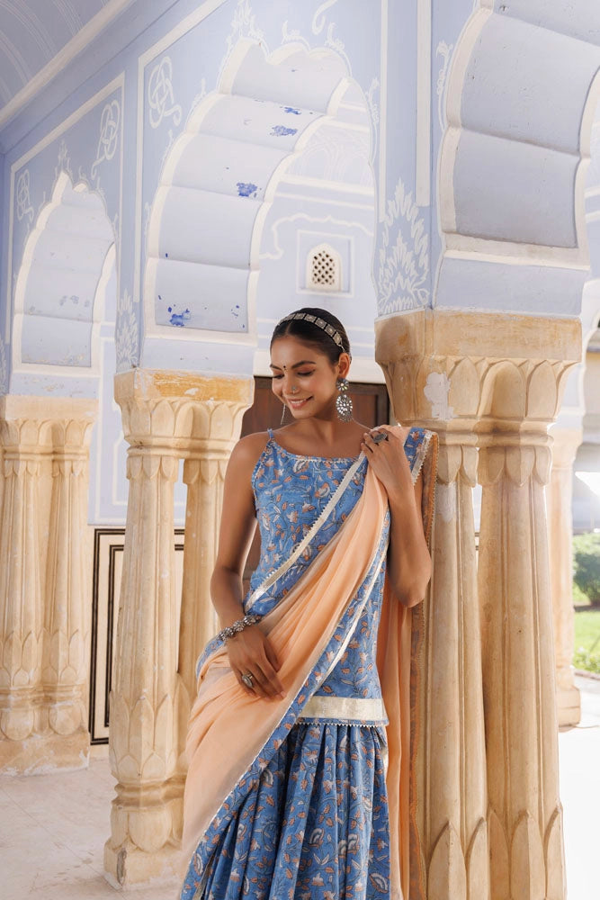 Light Blue-Peach Handcrafted Block Printed Cotton Skirt Set