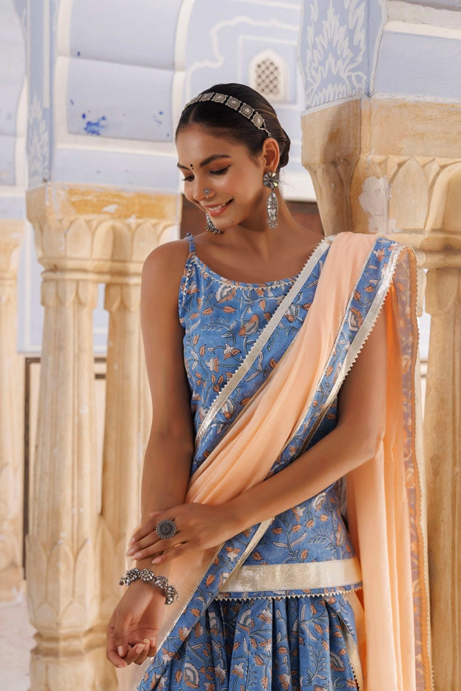 Light Blue-Peach Handcrafted Block Printed Cotton Skirt Set