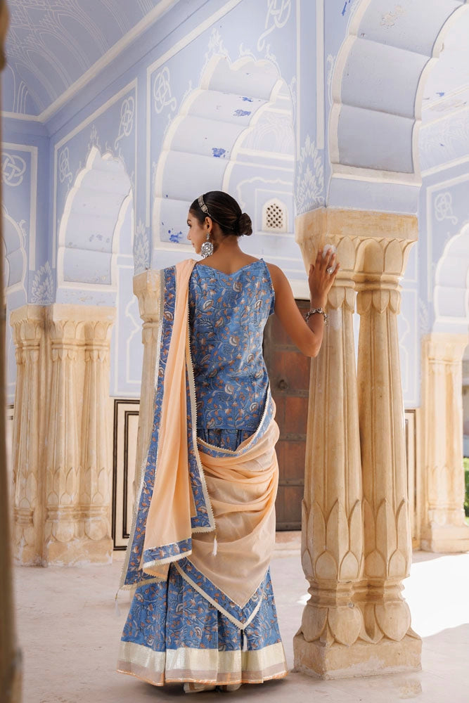 Light Blue-Peach Handcrafted Block Printed Cotton Skirt Set